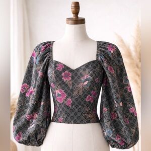 BL^NK London Floral Boho Blouse Cropped Balloon Sleeve Smocked Back Top Small